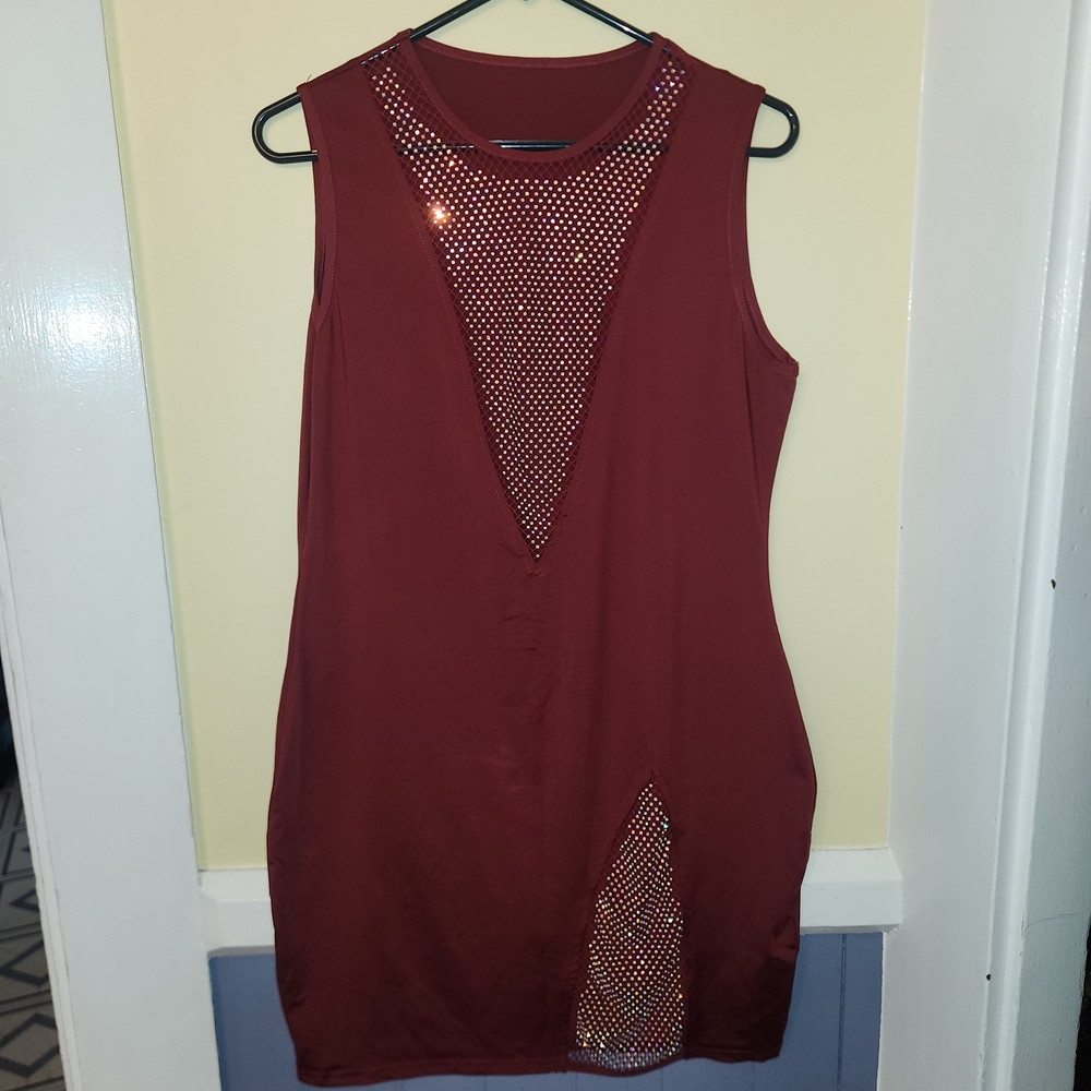 Amazon Burgundy Mini Dress with Mesh Accents